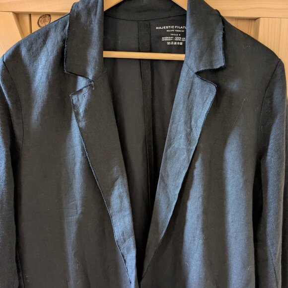 Majestic Filatures Raw Edge Linen Open Front Blazer Black Long Jacket Size 4 - Picture 4 of 9